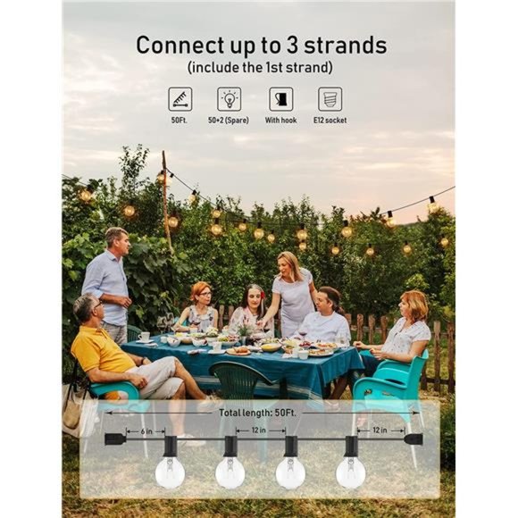 Outdoor String Light 50Feet G40 Globe Patio Lights with 52 Edison Glass Bulbs - Picture 3 of 6
